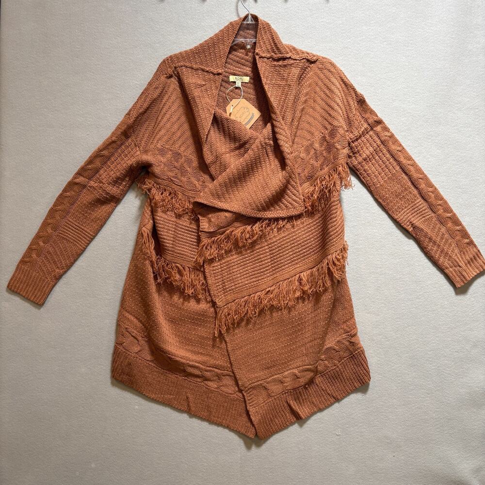 Kori Cardigan Sweater Womens ML Rust Terracotta Fringe Draped Open Front Knit NW